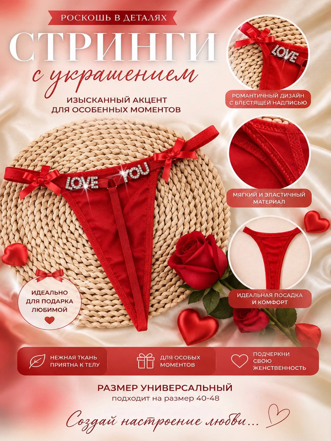 Трусы стринги с буквами и стразами - 