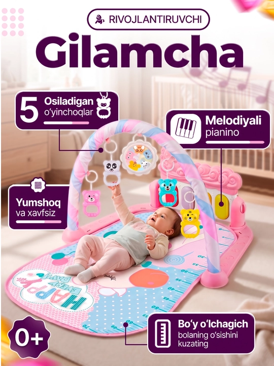 Bolalar uchun pianino va osma oʻyinchoqlarga ega rivojlantiruvchi musiqa gilamchasi - 