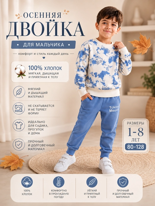 Осенняя двойка для мальчика 100% хлопок—кофта и брюки, детский костюм, повседневная одежда - 