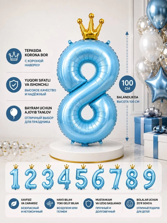 Katta raqam shar, toj bilan, 0,1,2,3,4,5,6,7,8,9, raqamli sharlar, tug`ilgan kunga sharlar