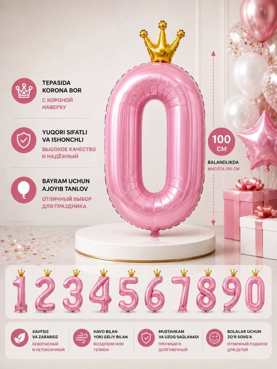 Katta raqam shar, toj bilan, 0,1,2,3,4,5,6,7,8,9, raqamli sharlar, tug`ilgan kunga sharlar