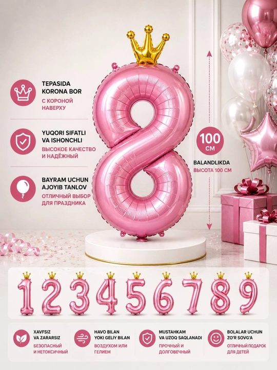 Katta raqam shar, toj bilan, 0,1,2,3,4,5,6,7,8,9, raqamli sharlar, tug`ilgan kunga sharlar