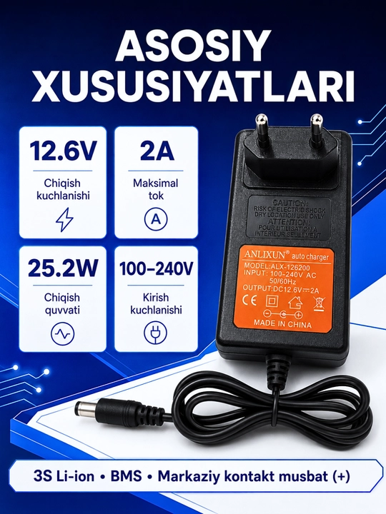 6–24V, 2A akkumulyator batareyalari va elektr asboblari uchun zaryadlash qurilmasi