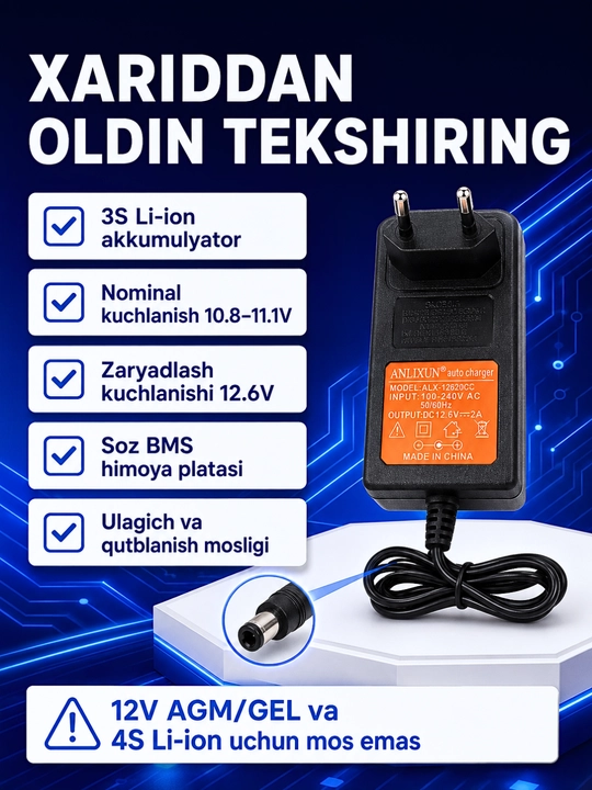 6–24V, 2A akkumulyator batareyalari va elektr asboblari uchun zaryadlash qurilmasi