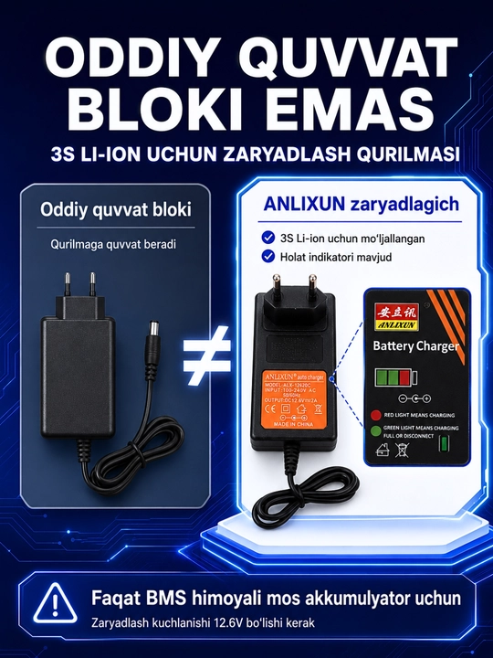 6–24V, 2A akkumulyator batareyalari va elektr asboblari uchun zaryadlash qurilmasi