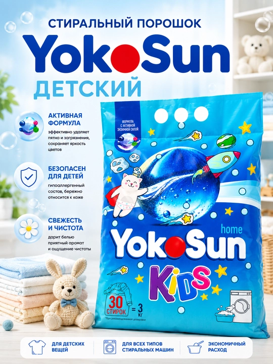 YOKOSUN bolalar kir yuvish kukuni, 3 kg, bolalar kiyimlari uchun - 