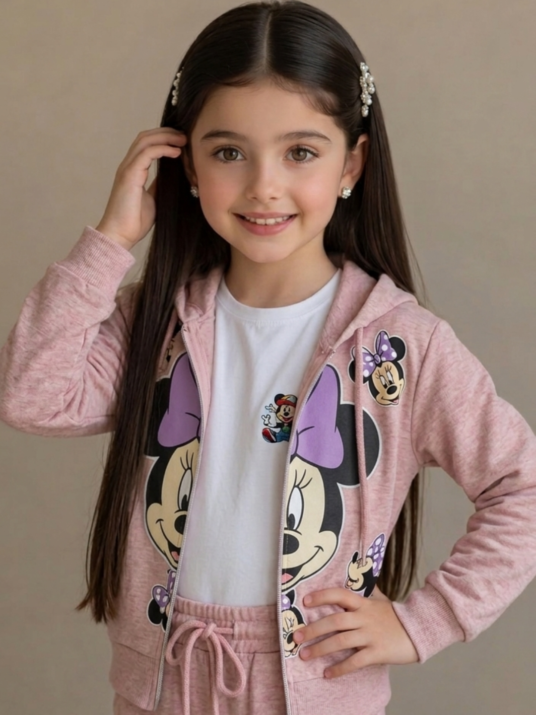 Qizlar uchun 3lik kostyumka Minnie printli bej sportivka - 