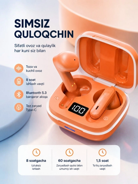 Simsiz quloqchinlar, zaryadlash qutisi, sensor boshqaruvi va LED displey bilan