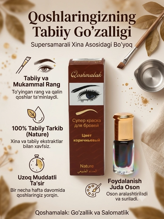 Suvda chidamli qosh bo‘yog‘i, xina asosida, tabiiy va gipoallergen
