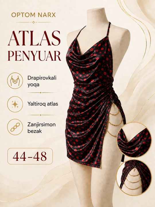Ayollar uchun atlas tungi mini ko‘ylak, zanjirsimon bezakli penyuar, 44–48 - 