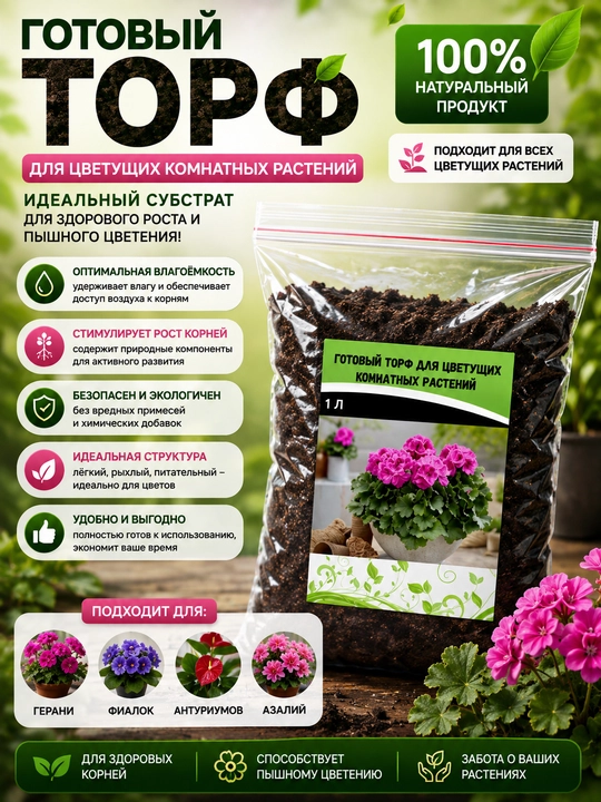 Авторский торф для цветущих комнатных растений, готовый грунт - 