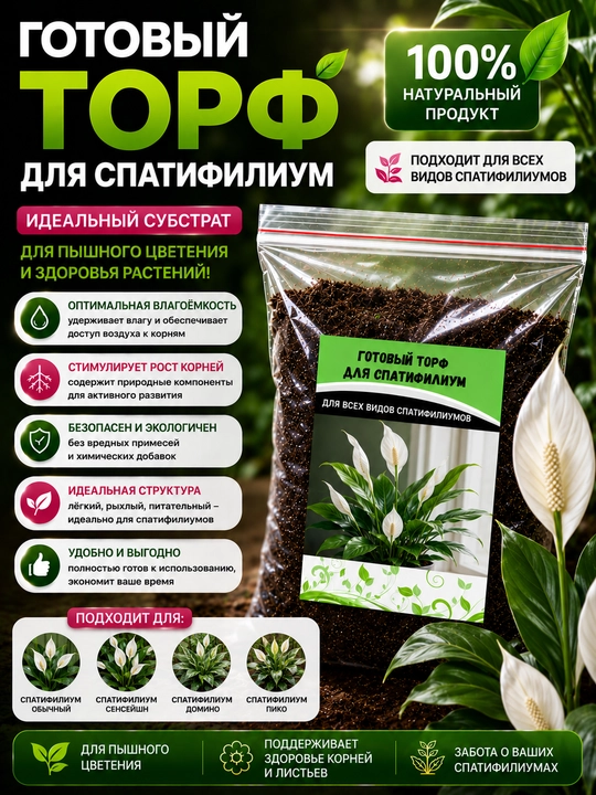 Авторский торф для спатифилиум, готовый грунт для женского счастья - 