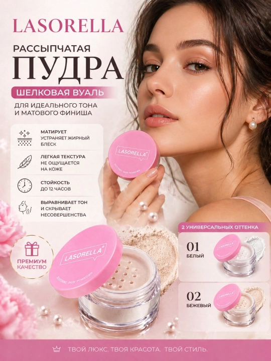 Пудра для лица Lasorella с корейским эффектом, прозрачная, матирующая, рассыпчатая, 6 г - 