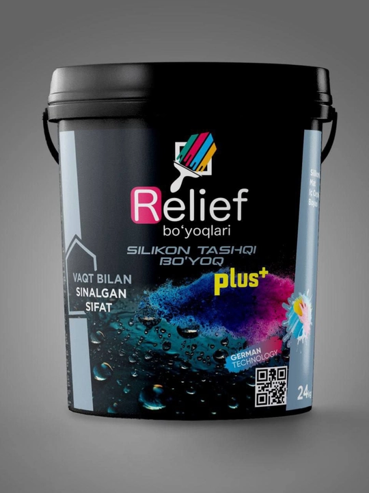 Tashqi va ichki ishlar uchun Relief Plus+ 24 kg silikon fasad bo‘yog‘i