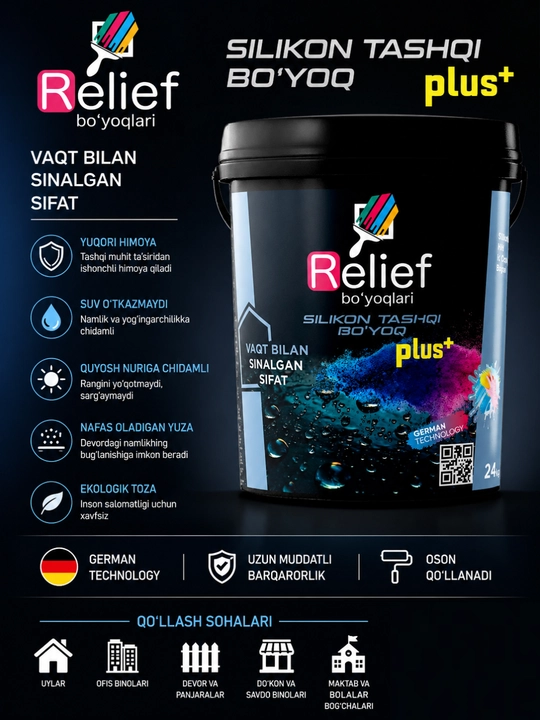 Силиконовая фасадная краска Relief Plus+ 24 кг для наружных и внутренних работ - 