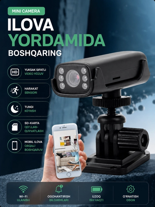 Mini kamera, Wi-Fi kamera, uy uchun Wi-Fi kamera, mini kamera Full HD - 