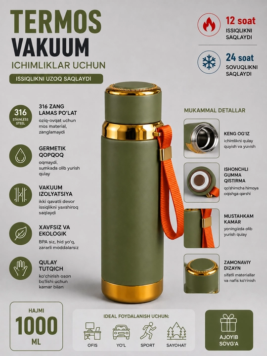 Termos 1 litr, vakuumli termos - 