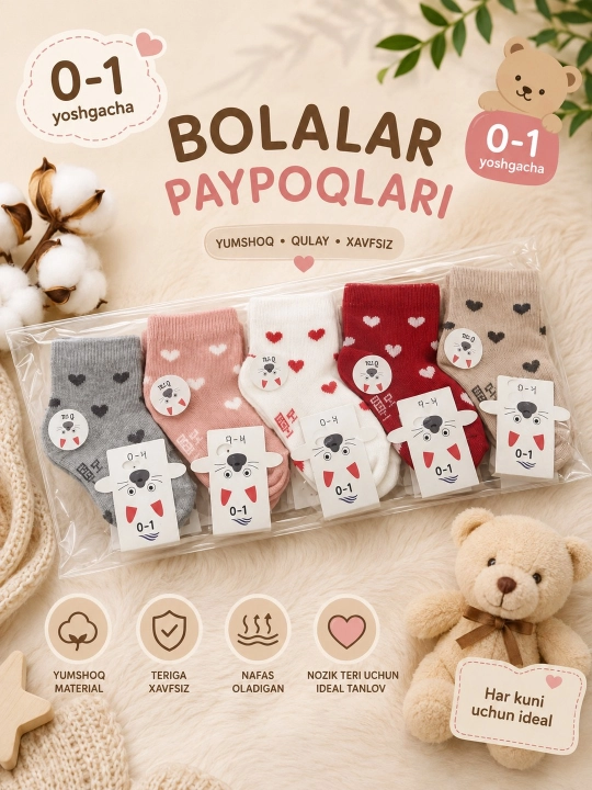 Bolalar uchun yumshoq paxta paypoq, to‘plam 5 juft - 