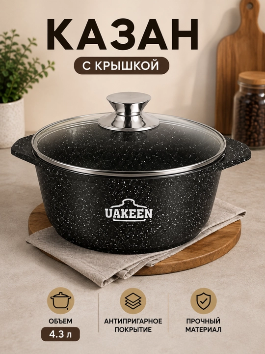 Казан с крышкой и антипригарным покрытием, для всех плит - 