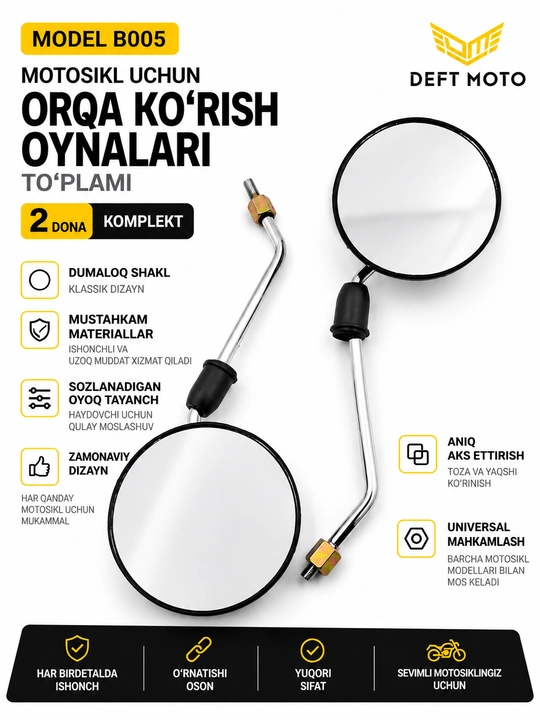 Skuter uchun yon oynalar DEFT MOTO B005, 8 mm rezba, 2 dona - 