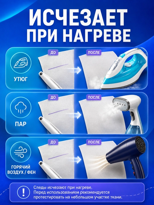Маркер-терморучка для ткани, кроя и шитья, стираемый нагревом, со стержнями