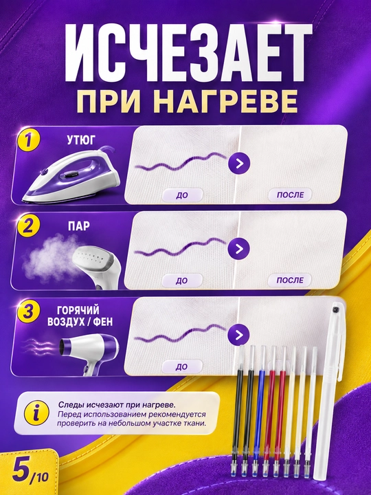 Маркер-терморучка для ткани, кроя и шитья, стираемый нагревом, со стержнями