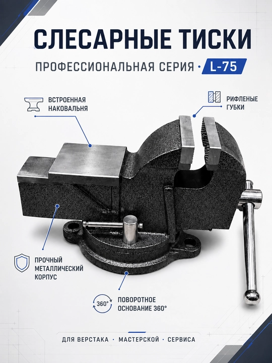 Тиски слесарные профессиональные поворотные L-75, усиленные, с наковальней - 