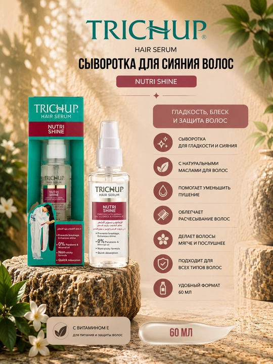 Sochlarni yaltiratish uchun Trichup Hair Serum Nutrishine zardobi, 60 ml, silliqlik - 