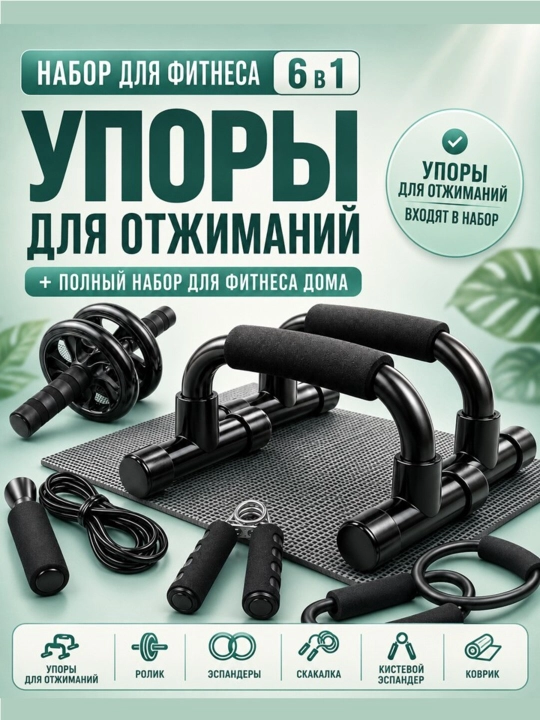 Набор для фитнеса дома 6 в 1: упоры для отжиманий, ролик для пресса, скакалка, эспандеры - 