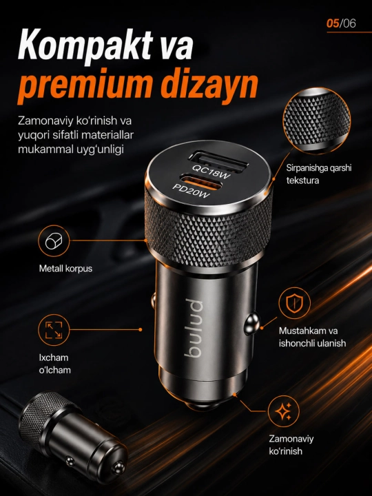 BULUD 38W avtomobil zaryadlagichi, USB + Type-C, PD20W, QC3.0