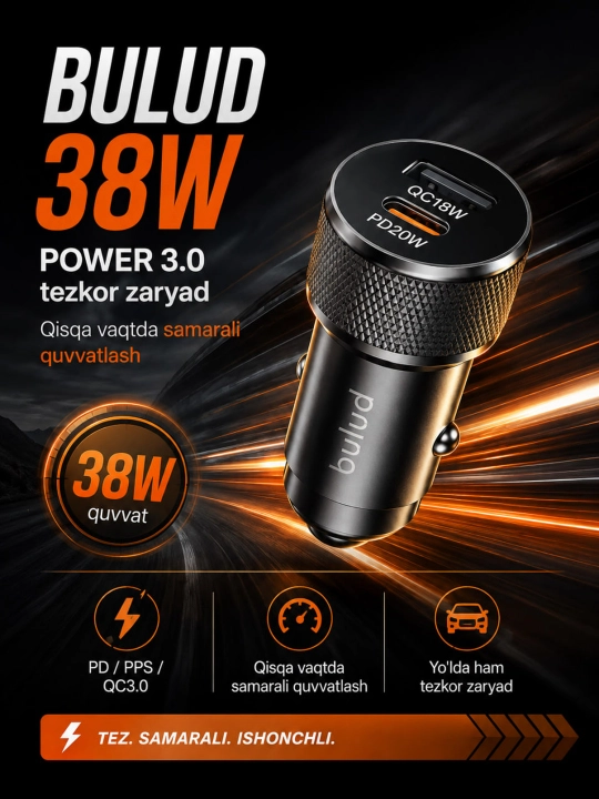 BULUD 38W avtomobil zaryadlagichi, USB + Type-C, PD20W, QC3.0
