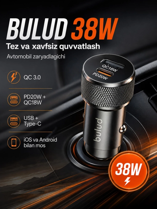 BULUD 38W avtomobil zaryadlagichi, USB + Type-C, PD20W, QC3.0 - 