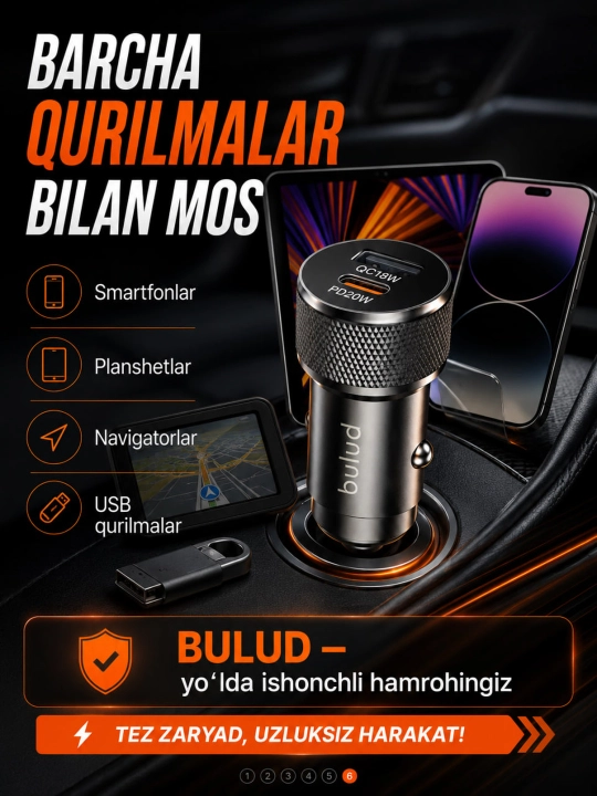 BULUD 38W avtomobil zaryadlagichi, USB + Type-C, PD20W, QC3.0