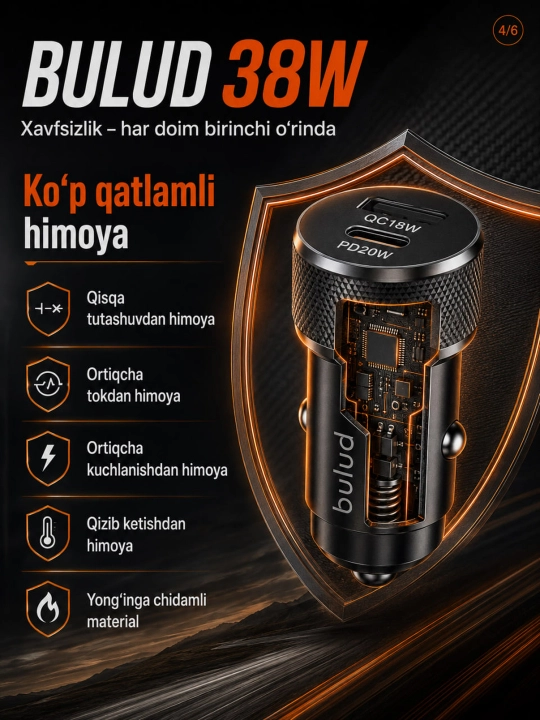 BULUD 38W avtomobil zaryadlagichi, USB + Type-C, PD20W, QC3.0
