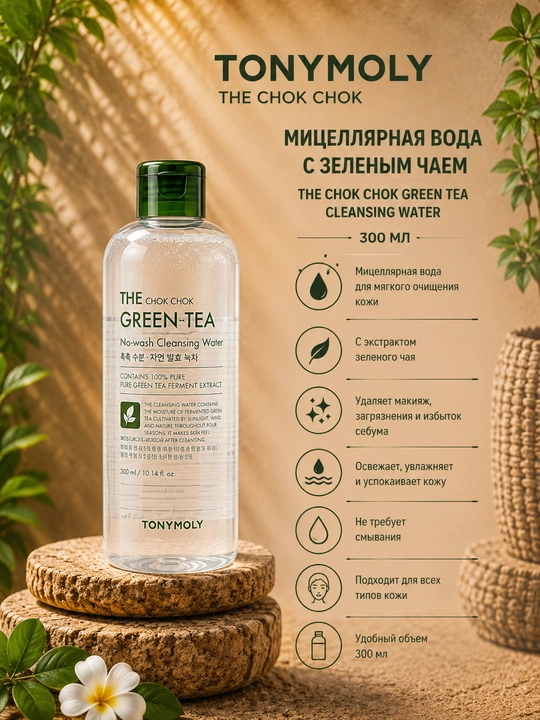 Мицеллярная вода The Chok Chok Green Tea Cleansing Water 300 мл с зеленым чаем - 