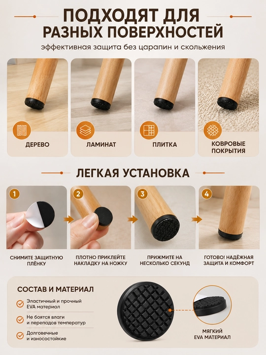Stul oyoqlari uchun EVA himoya qoplamalari, mebel protektorlari, polni himoya qilish uchun, 4 dona