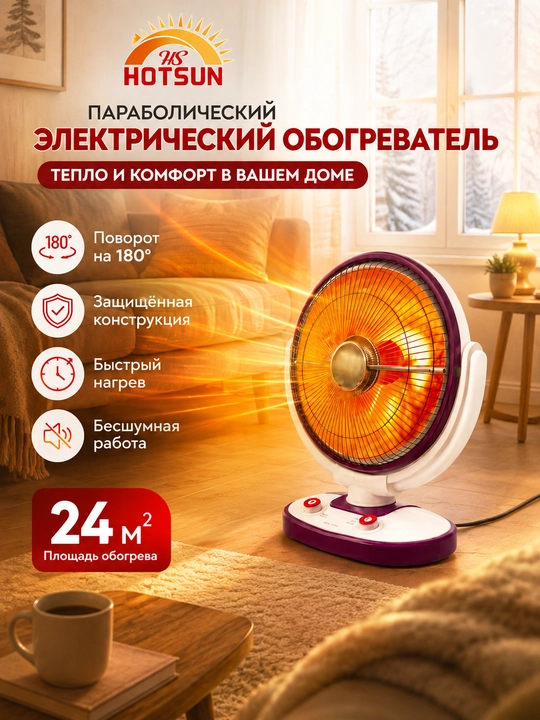 Parabolik elektr quyosh pechkasi, 2 rejimli, 180° buriluvchi, 24 m² gacha isitish