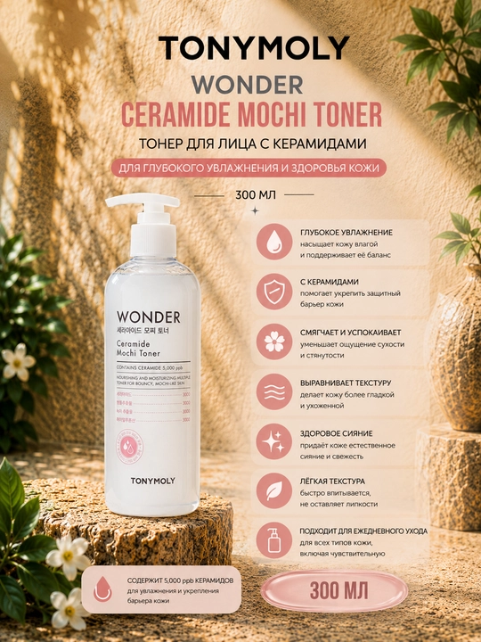 Тонер для лица Wonder Ceramide Mochi Toner, 300 мл, с керамидами, для увлажнения кожи - 