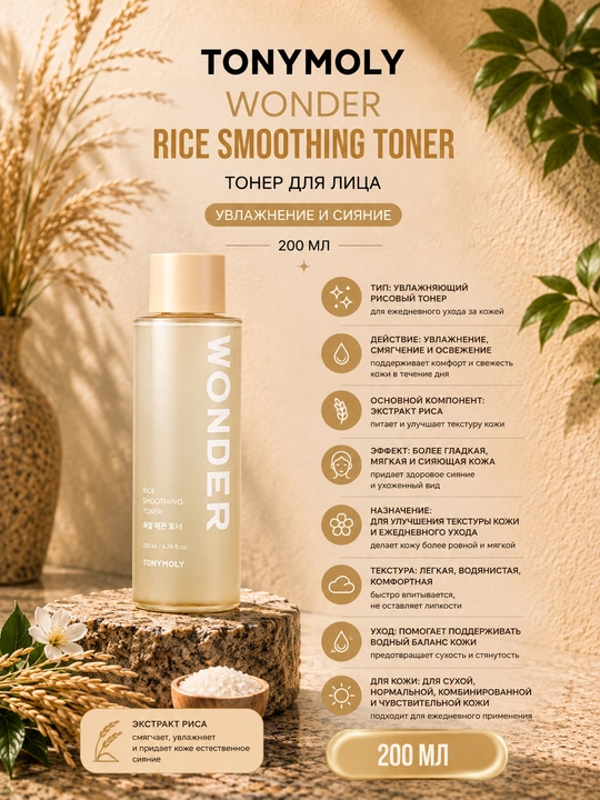 Тонер для лица TONYMOLY Wonder Rice Smoothing Toner, 200 мл, увлажнение и сияние - 