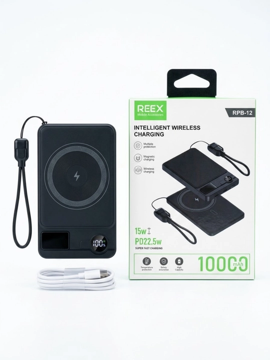 REEX RPB-12 Magnitli Simsiz Poverbank MagSafe PD22.5W 15W 10000mAh Qora