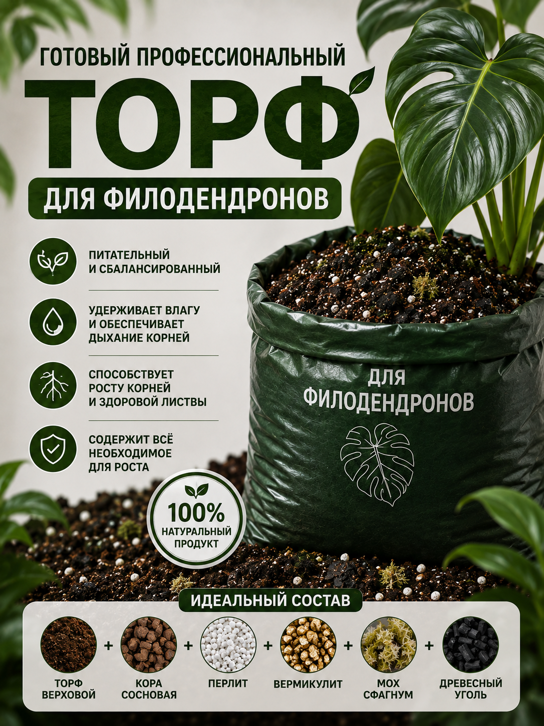 Готовый торф для филодендронов, 1 л, 3 л, 5 л, 10 л - 