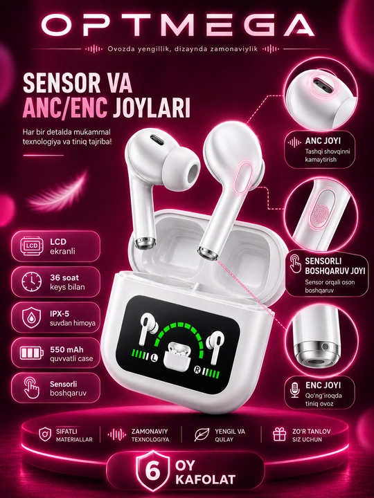 Simsiz Bluetooth quloqchinlar, TWS sensorli naushnik, iPhone va Android uchun mos, Pro