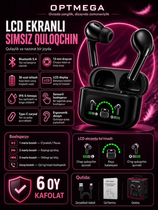 Simsiz Bluetooth quloqchinlar, TWS sensorli naushnik, iPhone va Android uchun mos, Pro