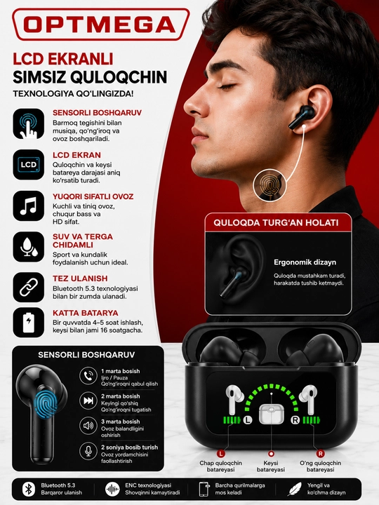 Simsiz Bluetooth quloqchinlar, TWS sensorli naushnik, iPhone va Android uchun mos, Pro