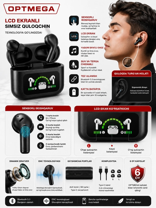 Simsiz Bluetooth quloqchinlar, TWS sensorli naushnik, iPhone va Android uchun mos, Pro