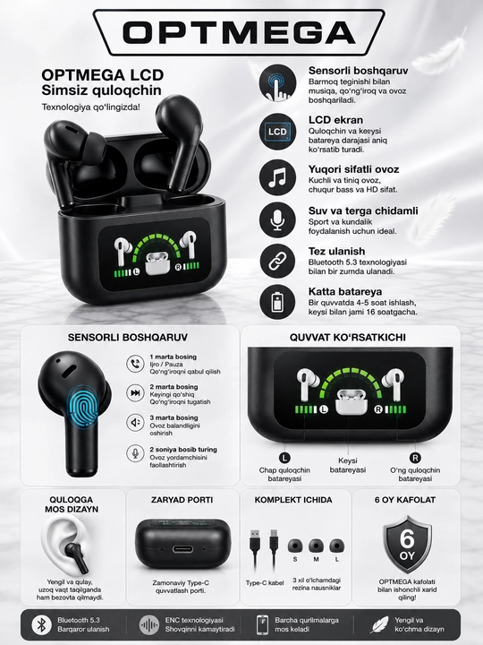 Simsiz Bluetooth quloqchinlar, TWS sensorli naushnik, iPhone va Android uchun mos, Pro
