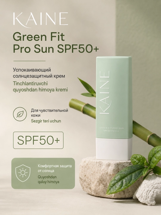 Nozik teri uchun tinchlantiruvchi quyosh kremi Kaine Green Fit Pro Sun SPF50+ - 