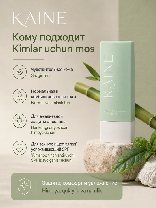 Nozik teri uchun tinchlantiruvchi quyosh kremi Kaine Green Fit Pro Sun SPF50+