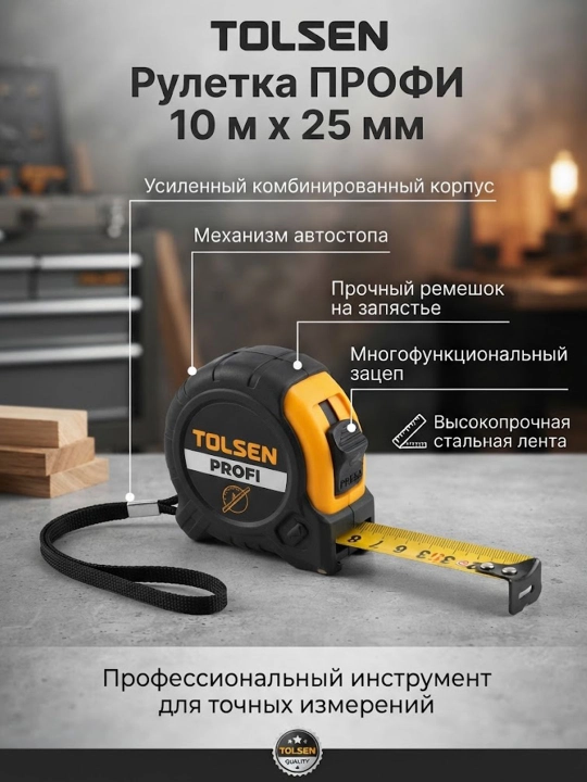 TOLSEN PROFI avtomatik to'xtatuvchi lenta o'lchovi, birlashtirilgan korpus 10 m x 25 mm - 