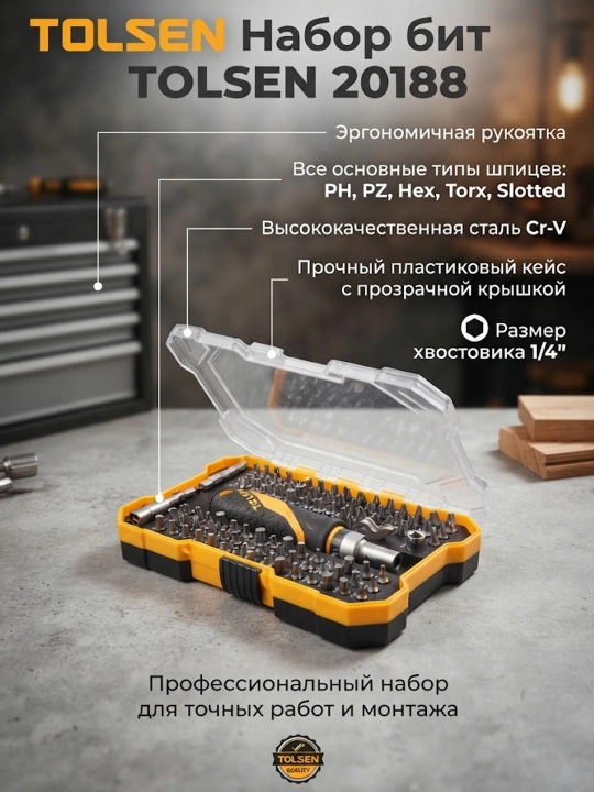 Набор вставок (бит) TOLSEN 1/4", PH, PZ, Hex, Torx, Slotted 20188 - 